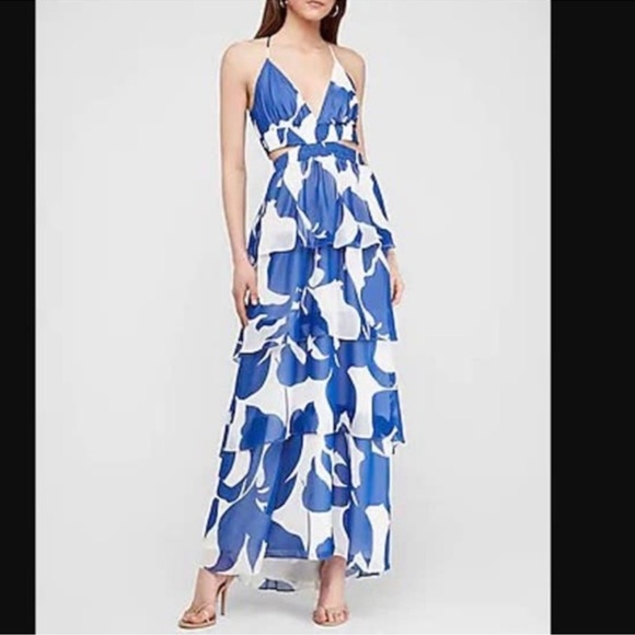 NWOT Express Blue & White Ruffle Maxi Dress - Picture 3 of 6
